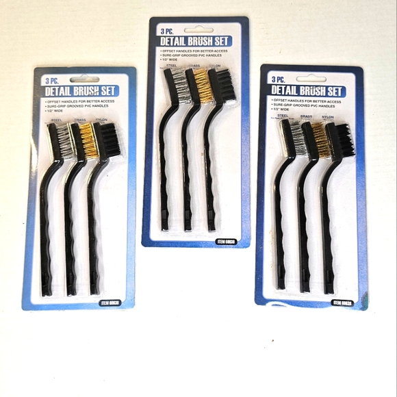 DETAIL BRUSH SET Steel Brass Nylon Bristle Sure-grip 1/2" wide New 3pc Set - Picture 1 of 3